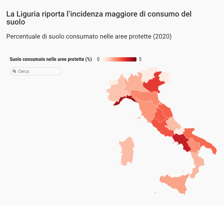 In Liguria si registra la maggiore percentuale di suolo consumato in aree protette (4,2%).